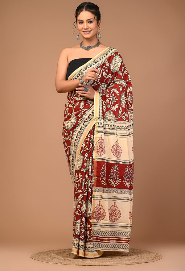 Rust Red & Cream Pure Cotton Saree with Traditional Print