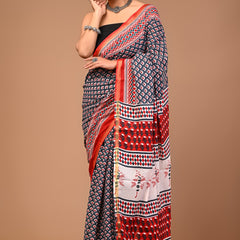 Red & Navy Blue Pure Cotton Saree with Bold Geometric and Floral Print