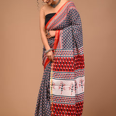 Red & Navy Blue Pure Cotton Saree with Bold Geometric and Floral Print