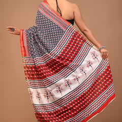 Red & Navy Blue Pure Cotton Saree with Bold Geometric and Floral Print